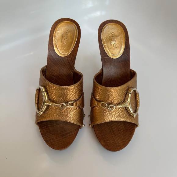 GUCCI HORSEBIT WOODEN PLATFORM SANDALS COPPER LEATHER SZ 36 6. - Picture 6 of 16